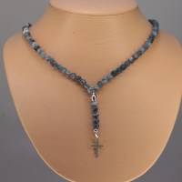 13032 925er Kette Rosenkranz aus matten Achat Weathering Perlen 5mm und Arabesken-Kreuz aus Silber