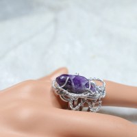 R__00022 Ring gedrahtet aus eloxiertem Aluminium silber mit Amethyst lila Gr 19,5